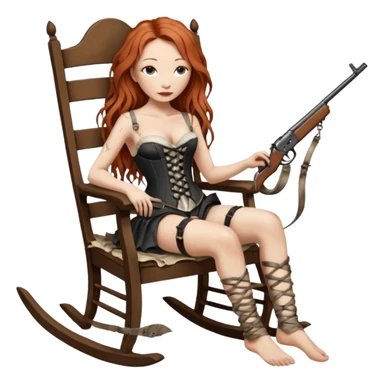 realistic cinematic Tori Amos sits on a rocking chair in a torn corset, holding an antique rifle and her bare feet are muddy. A white snake is wrapped around the chair. sticker