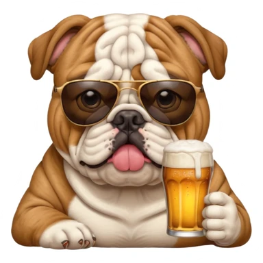 English bulldog wearing sunglasses holding a beer sticker