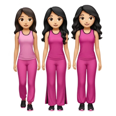 3 olive skin tone best friends. First one wearing pink gym attire modest with long black hair wavy. Second one wearing a pink fitted long maxi dress with curves long black hair and the last one wearing pink casual clothes with brown mid length hair similing looking glammed up  sticker