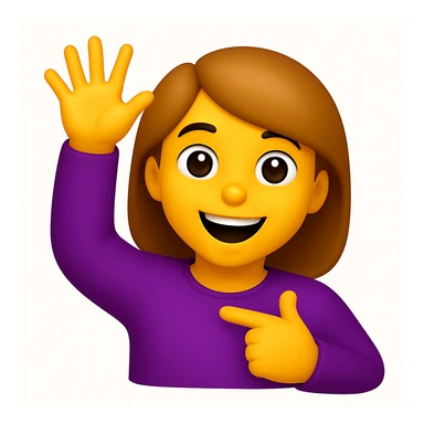 A 3D emoji in iOS emoji aesthetic style of a cheerful cartoon person raising one hand in the air while pointing to themselves with the other hand, smiling proudly, expressive and confident pose, glossy Apple-style design, clean white background
 sticker