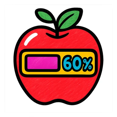 a glossy red apple with a green leaf on top, featuring a digital-style progress bar across its surface, partially filled to 60%, pure white background sticker