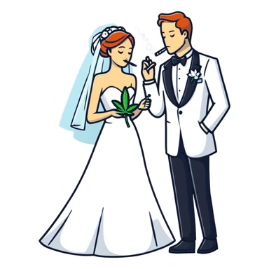 A bride in white wedding dress and groom in tuxedo, full body, smoking cannabis together, wedding couple sticker