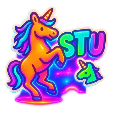 Enhance this emoji with strong neon effects: make the graffiti 'STU 🦄' and unicorn glow with bright neon colors and a dynamic light aura, suitable for Discord, keep the background as is. sticker