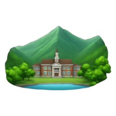 school with a beautiful green mountain in the background sticker