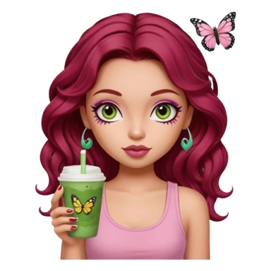 a pretty fair bratz girl with wavy dark red hair, wearing a pink tank top , carrying a matcha . eyeliner on. butterfly tattoo on arm sticker
