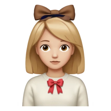 Pelo color marron claro acercándose a el rubio,suéter blanco con un moño marron, piel normal clara,y un mini moñito en la cabeza marron sticker