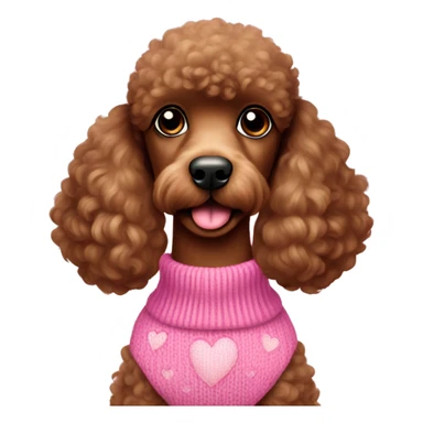 brown poodle in pink sweater with hearts sticker