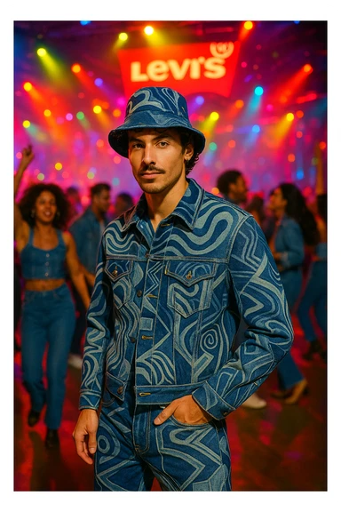 A trendy man dressed in hypnotic, attention-grabbing clothes at a Levi's celebration, with creative denim fashion and energetic party vibe. sticker