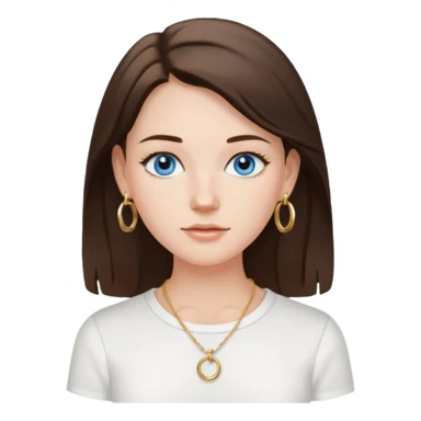 Create an emoji of a pretty white Girl with brunette hair blue eyes faint freckles and medium length hair wearing a white shirt with gold hoop earrings and a gold necklace  sticker