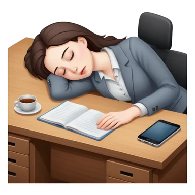 Exhausted office worker woman napping at plain desk, no computer sticker