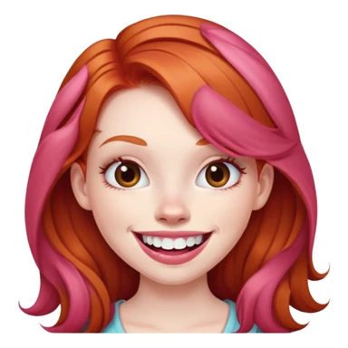 Young girl with pale skin, full pink lips smiling with big teeth, ginger red hair (very long), bigger nose, deep brown eyes (less green), big mouth sticker