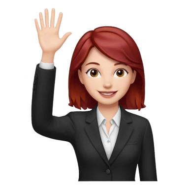 reate Emoji of white girl with bussines outfit is waveing with one hand and make her hair stronger dark red color please sticker