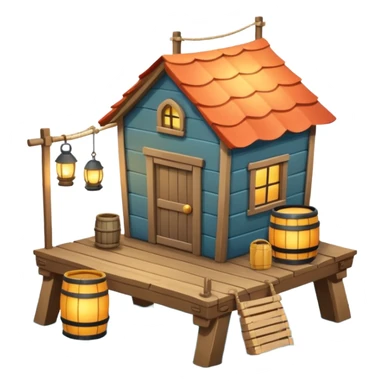 
fisherman house on a wooden pier, small dock, fishing nets hanging, barrels, lantern, ocean vibe, 3D cartoon, cute mobile game icon, clean background, no text
 sticker