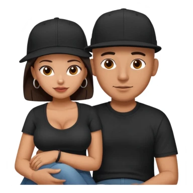 A picture of a tanned couple. the man is a Mexican man with tanned skin, with a bald hair cut wearing a SnapBack hat and a black shirt. the woman on his lap has thick dark brown hair and with big naked boobs that he is grabbing sticker