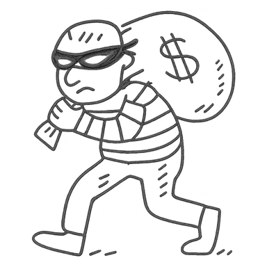 A thief with a bag of money on his back, wearing a striped suit and a black eye mask sticker