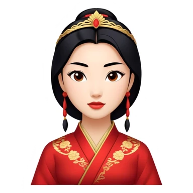 Cinematic Majestic Mulan Portrait Emoji, rendered in a clean, vector-style with bold, simplified shapes. Depict Mulan with a serene, noble expression, warm light skin, and neatly styled black hair, dressed in traditional attire featuring subtle red motifs and gold trim. The image glows with a calm, majestic aura, high shine, and a soft glowing outline, embodying classic elegance. sticker