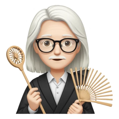 long white haired folding fan holder with glasses sticker