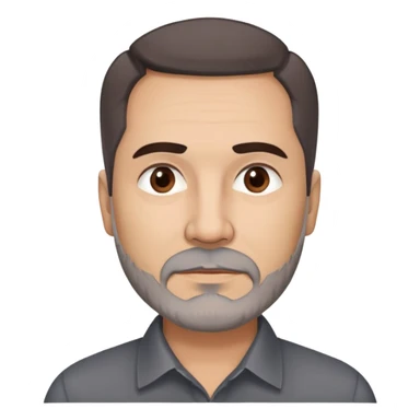 Hispanic man, 57 years old with light complexion. Round face with defined jawline. Expressive dark brown eyes, thick straight eyebrows. Short brown hair, slightly styled. Full brown beard with minimal gray. Professional appearance. Wearing a dark collared shirt. sticker