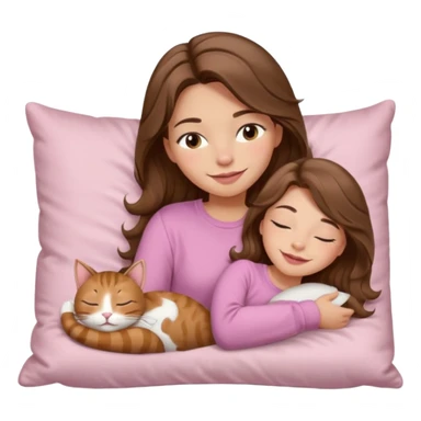 girl with wavy long brown hair, brown eyes, light to medium complexion, long lashes, light pink lipstick, smiling, wearing light pink shirt, sleeping on a cozy pillow, with brown tabby cat  sticker