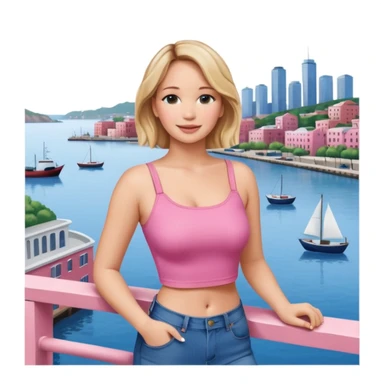 jennifer lawrence, pink crop top, and blue jeans, leaning on a balcony with a harbor and cityscape in the background, smiling sticker