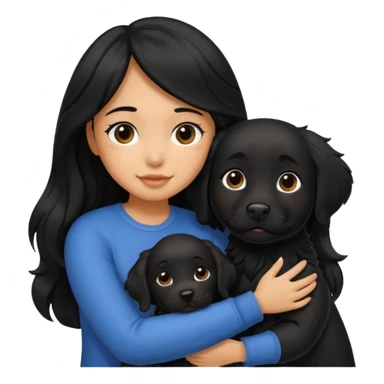 a girl with long, wavy black hair hugging a black Labrador with black fur a sticker