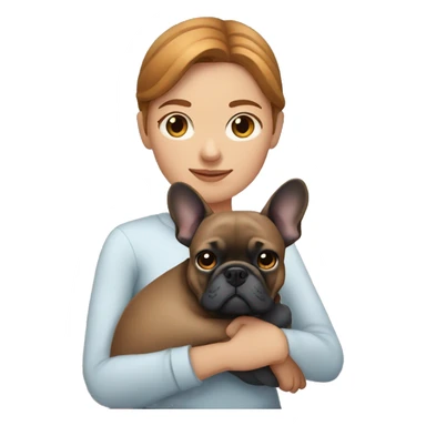 caramel hair woman with dark eyes hugging dark gray french bulldog sticker