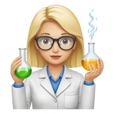 Eine hellblonde Chemikerin mit Kittel, großer Labor-Sicherheitsbrille und typischem Erlmeyerkolben in der Hand sticker
