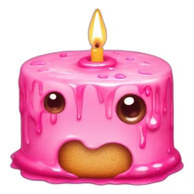 Pink small cake with candle, and two eyes in the glaze, two teeth crawling out from under the glaze sticker