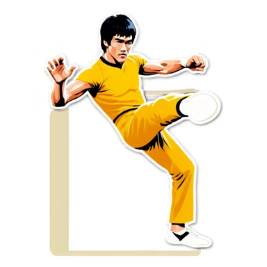 Bruce Lee in a kick pose with hand day STOP sticker