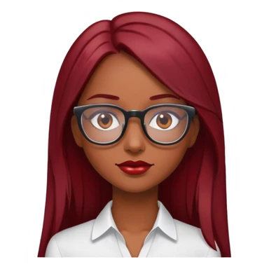 Garota linda, parda, cabelos longos e lisos, cabelos de cor "dark red cherry" blusinha branca e óculos de grau sticker