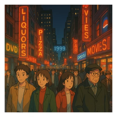 street scene in New York, 1999, people walking, neon lights sticker