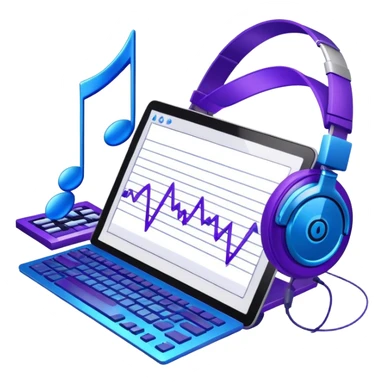 Create a creative and inspiring emoji that represents writing music tracks. The design should feature musical notes, a pen or pencil, and a digital audio workstation (DAW) interface or a computer screen with a visible waveform, symbolizing the process of composing and arranging a track. Add elements like a metronome or a pair of headphones to reflect the recording and editing aspects. Use vibrant colors like electric blue, purple, or neon green to represent creativity and innovation in music production. The background should be transparent. sticker