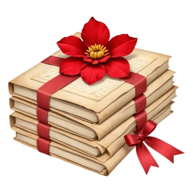 A beautifully arranged Stack of aged letters, tied with a red ribbon, envelopes, corespondence, aesthetic, red flower petals around, mail sticker