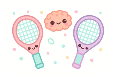 two tennis rackets facing each other with a brain emoji bouncing around between them, cute kawaii style, adorable and colorful sticker