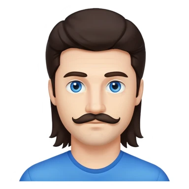 28 Year old man, dark brown mullet moustache and blue eye sticker