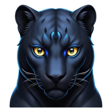 Cinematic Noble Panther Portrait Emoji, Poised and regal, with a sleek, muscular build draped in glossy, midnight-black fur and piercing, luminescent eyes, Simplified yet sharp and sophisticated features, highly detailed, glowing with a soft, mysterious glow, high shine, intelligent and enigmatic, stylized with an air of stealthy authority, focused and commanding, soft glowing outline, capturing the essence of a watchful and confident jungle guardian that appears ready to prowl out of the screen with effortless authority! sticker