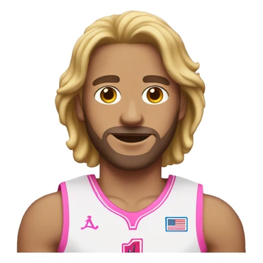 An emoji of a white-skinned man with slightly long hair, wearing a pink basketball jersey and holding a pink basketball sticker
