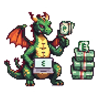 A dragon with a laptop and a stack of money sticker