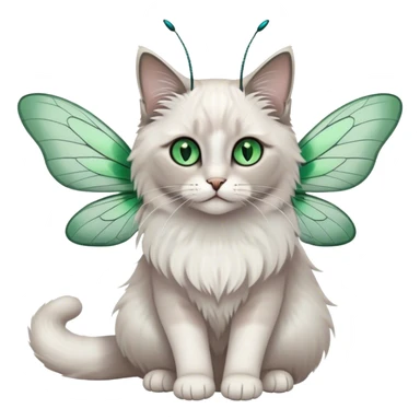White and gray ragdoll Cat with dragonfly wings antennae green eyes sticker