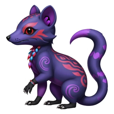 Rare warm-colored exotic gloomy tropical edgy cute epic aesthetic spooky indigo violet purple black red gothic colorful Salandit-Civet-species-Fakemon-hybrid-creature, with tribal tattoo markings, full body sticker