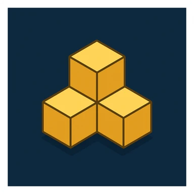 symbol of three golden (#FFD700) cubes connected, two above and one below centered, forming inverted triangle, isometric perspective, clean lines, golden metallic finish, geometric minimalist style, dark blue background sticker