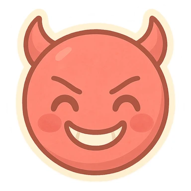 devil emoji, classic red, small horns, mischievous grin, cartoon style, pastel palette sticker