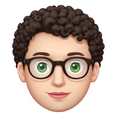 Young man with dark brown curlier poofy hair (same style but more curls), green eyes wearing glasses, wide face with eyes set apart, bigger ears, very pale skin, slightly bigger nose, fuller darker pink lips with a smile, and very light stubble sticker