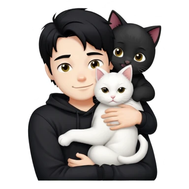 A bad boy with black hair wearing a sweatshirt happily hugs a white cat sticker