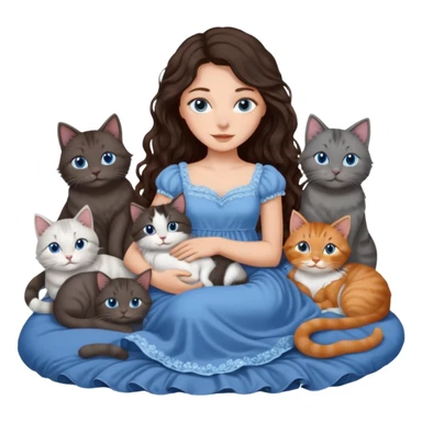detailed realistic looking a dark grey and white cat regally laying with six other cats, cuddling with their owner in bed who is a pretty bratz lightly tanned white girl with long dark brown hair, blue eyes and gorgeous long wavy hair wearing a pretty detailed dress sticker