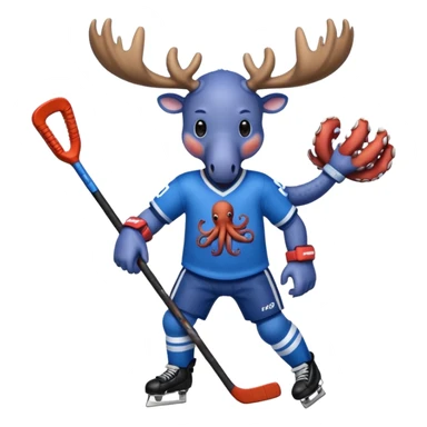 Moose playing hockey with blue jersey that has octopus on it sticker
