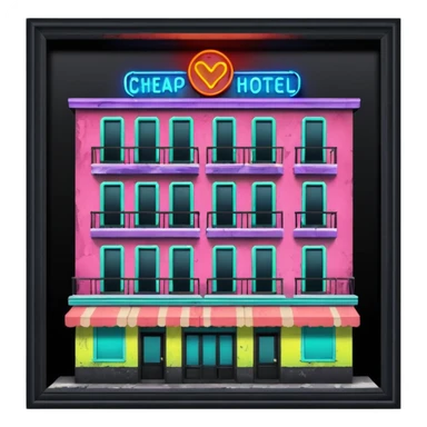 Hotel barato con letrero de neón en la fachada. sticker