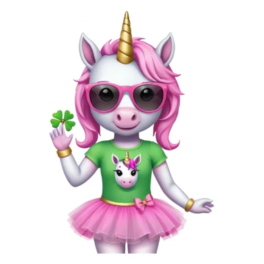 friendly anthropomorphised female unicorn with horse-like face, in tutu and pink t-shirt, wearing dark sunglasses, holding a shamrock or wearing a green accessory for St. Patrick's Day sticker