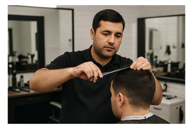 shu odamni sartaroshxonada mijozlarni sochini olayotganin  tasvirlab ber juda yosh ham katta ham bo'lmasin semiz ham bo'lib ketmasin o'smirin davrini yuzi ko'rinmasin sticker