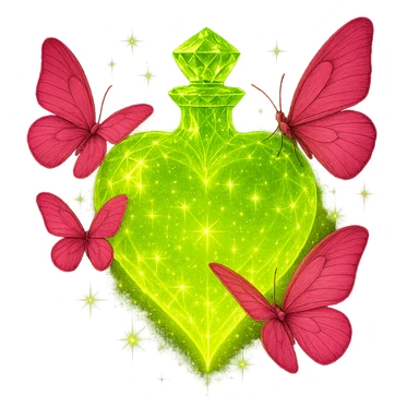 Make the neck of the bottle more crystal-like, elegant, and luxurious with faceted details to match the diamond heart shape. Keep everything else the same: strong glow, #c0ff53 liquid, pink butterflies, magical dust, and transparent background. The style should match the original image's magical and glowing aesthetic. sticker